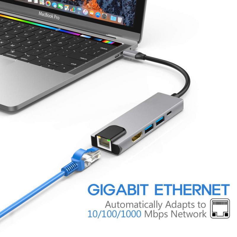 5 in 1 USB C Hub Typ C bis 4k HD Adapter mit Gigabit 1000m RJ45 Netzwerk Ethernet LAN Ladegerät Port Adapter für MacBook Pro