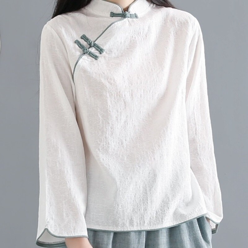 Traditionel kinesisk tøj bomuld linned skjorte bluse vintage dame solid toppe orientalsk hanfu kinesisk stil tøj kvinder 11101
