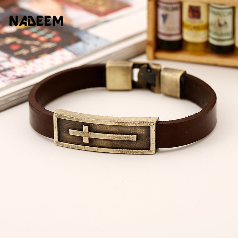 NADEEM Cross Charm Brown Leather Bracelet Men Male Vintage Punk Cross Charm Cuff Bracelet Bangle Jewelry Pulse