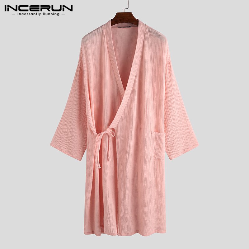 Incerun menn kapper uformelt kimono v-hals halvermet bomull løs japansk nattøy sommer pustende unisex pyjamas menn badekåpe: Rosa / 4xl