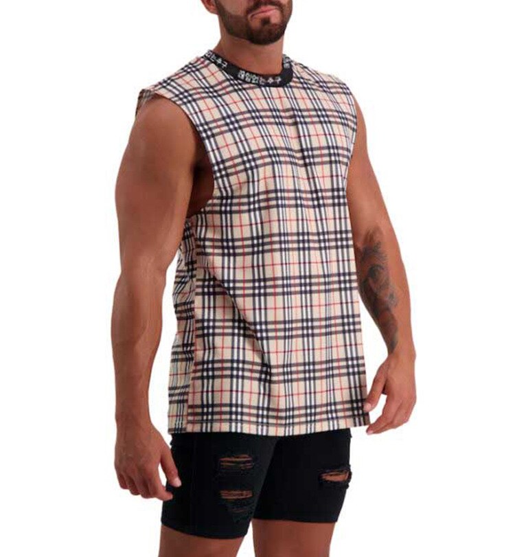 Linne för män hip hop streetwear rutig skjorta ärmlös topp med hög hals t-shirt stringer linne bodybuilding: Gul / Xxxl