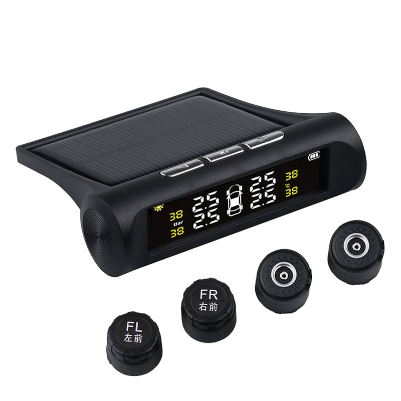 Smart Auto Tpms Alarm Bandenspanning Monitor Solar Charger Met 4 Externe Sensor Auto Security Systems Lcd Display