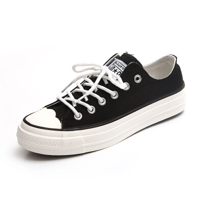 Våren kvinnor canvas skor dam flicka rosa skor snörning vulkaniserad söt preppy stil platt klack anti-halk vita sneakers färgglada: Svart / 6
