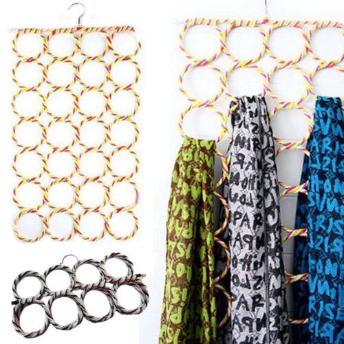 9 28 Ring Scarf Shawl Scarves Holder Foldable Tie Belt Hook Organizer Rattan Weave Hanger Wardrobe Storage Holder Display Rack