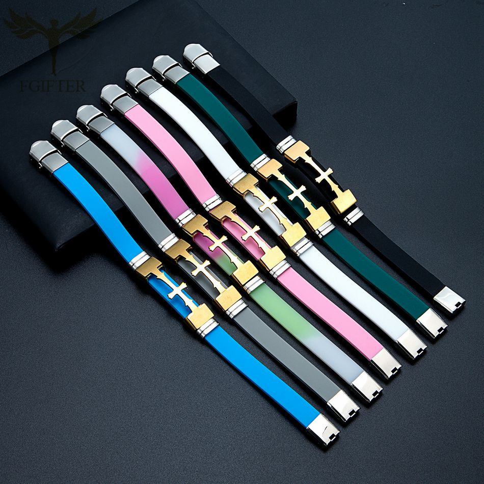 Guldfarvet rustfrit stål kors symbol tilbehør armbånd flere farver gummi armbånd kristen religion smykker