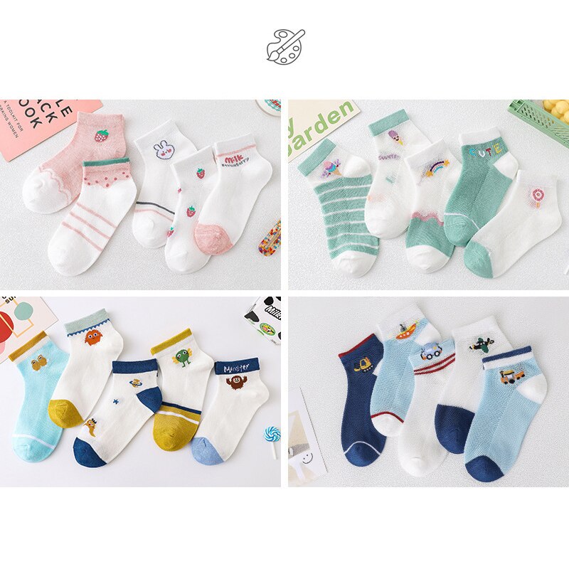 Wecute 5 Pairs Baby Sokken Set Zomer Mesh Ademende Sokken Zachte Comfortabele Cartoon Print Voor 1-9years Jongens Meisjes