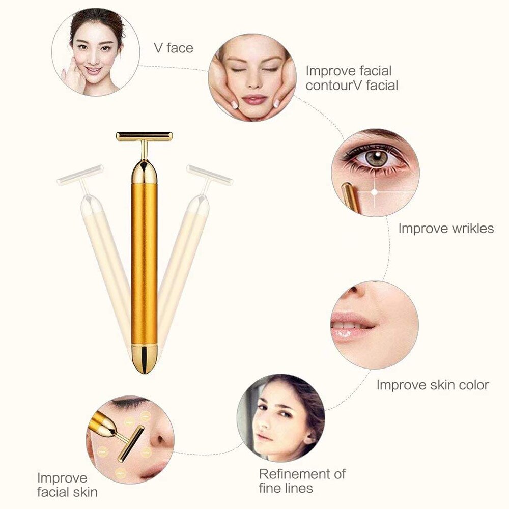 24k Gold Vibration Face Roller Massager Facial Slimming Beauty Bar Pulse Firming Lift Skin Tightening Wrinkle Stick