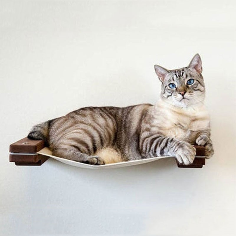 Cama hamaca de gato montada en pared, marco de escalada de madera acogedor, torre de juguete con plataforma para gato, pared, cama de gatito, árbol de gato, muebles para mascotas: Chestnut