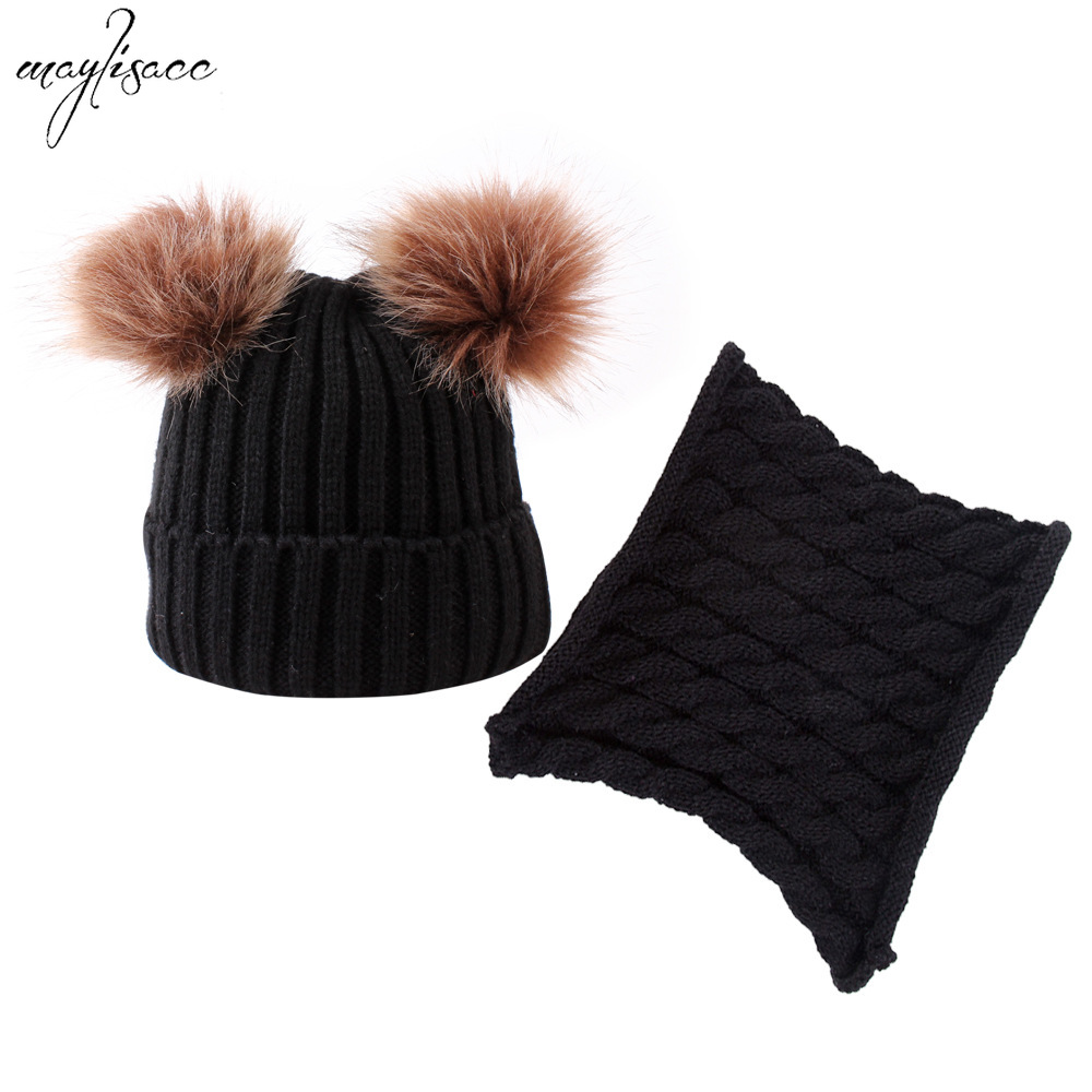 Maylisacc Autumn Winter Warm Hat Scarf Snood 2 Pcs Set for 1-4 years old children Boys and Girls Acrylic PomPoms Hats