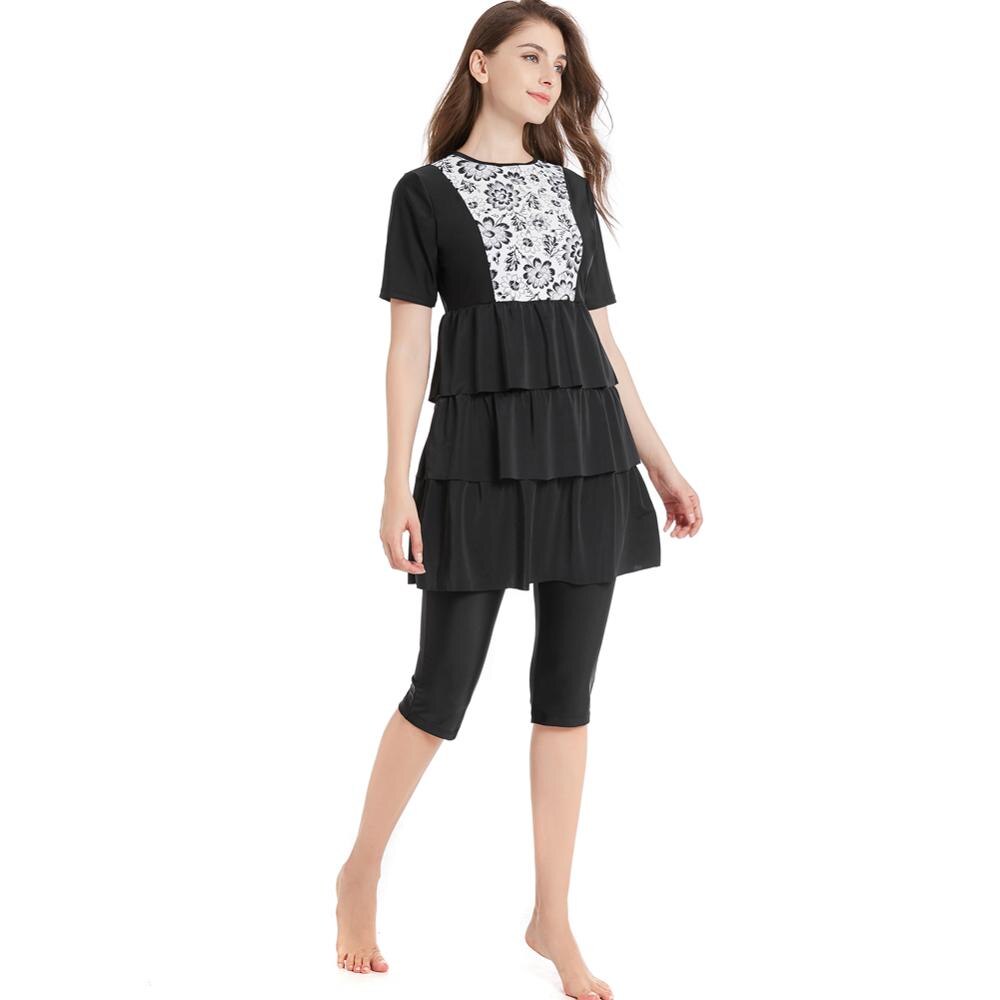 Women's Muslim Modest Swimwear Set - Short Sleeve Tunic Top & Skirt - Printed Two-Piece