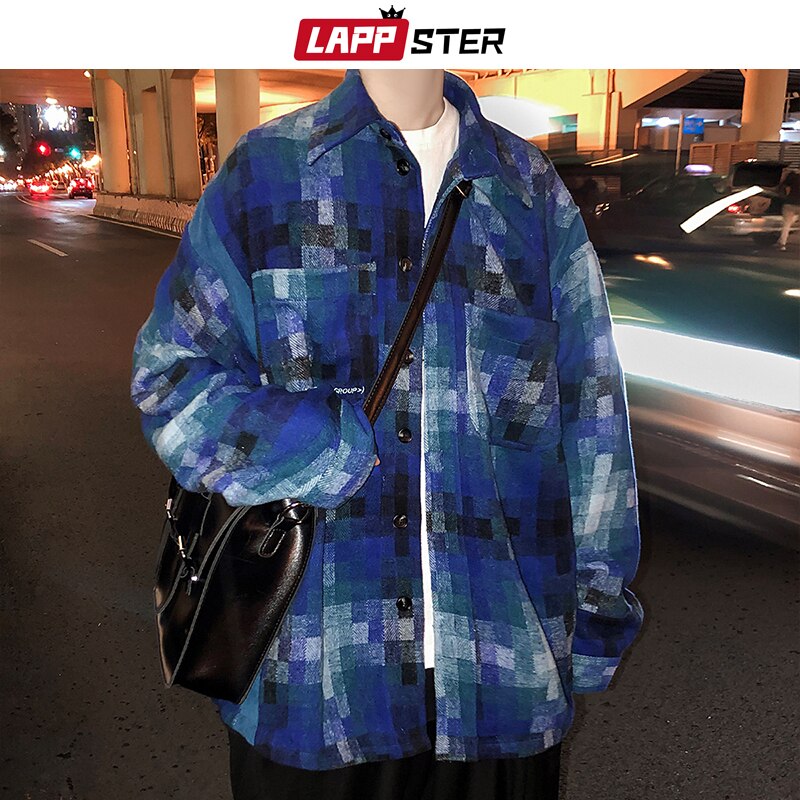 LAPPSTER, camisa a cuadros de color Vintage para hombre, , ropa de calle para hombre, camisas Harajuku gruesas de manga larga, camisa de coreana para pareja