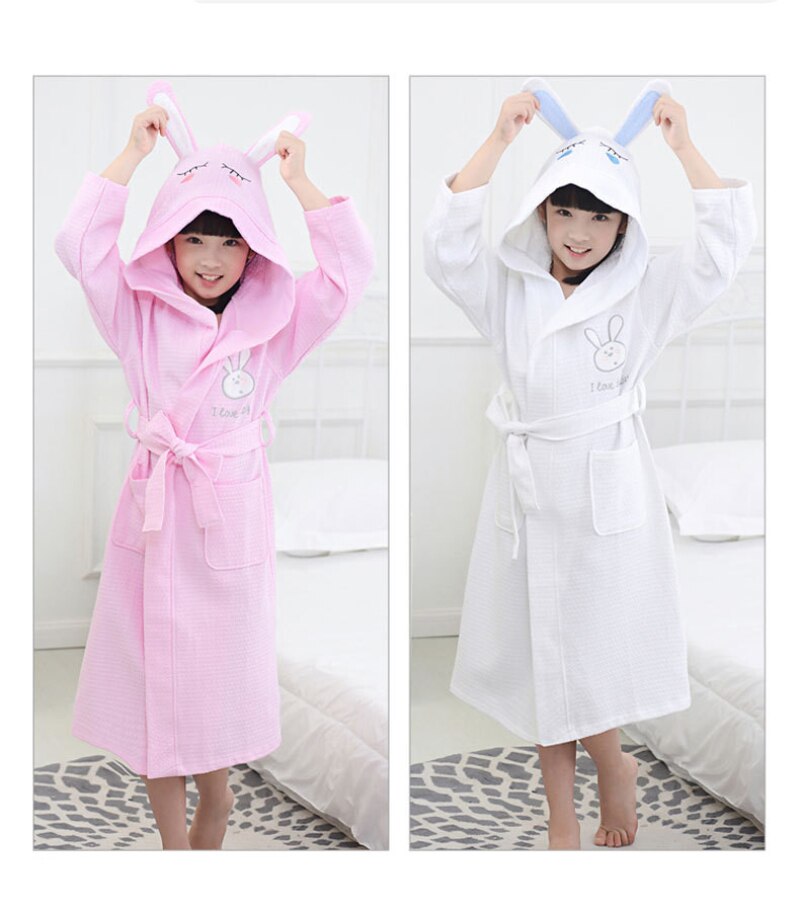 4 Color Girl Summer Cotton Bathrobe Waffle Hooded Children Robe Boys Dressing Gown Kids Roupao After Spa Bath Swimming L173