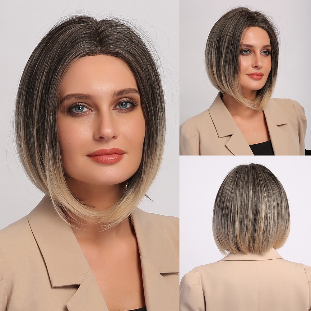 Alan eaton bob synthetische pruik met middenscheiding, kort steil haar, natuurlijke ombre, bruin, asgoud, hoge temperatuur pruiken voor vrouwen.: Ftl 001
