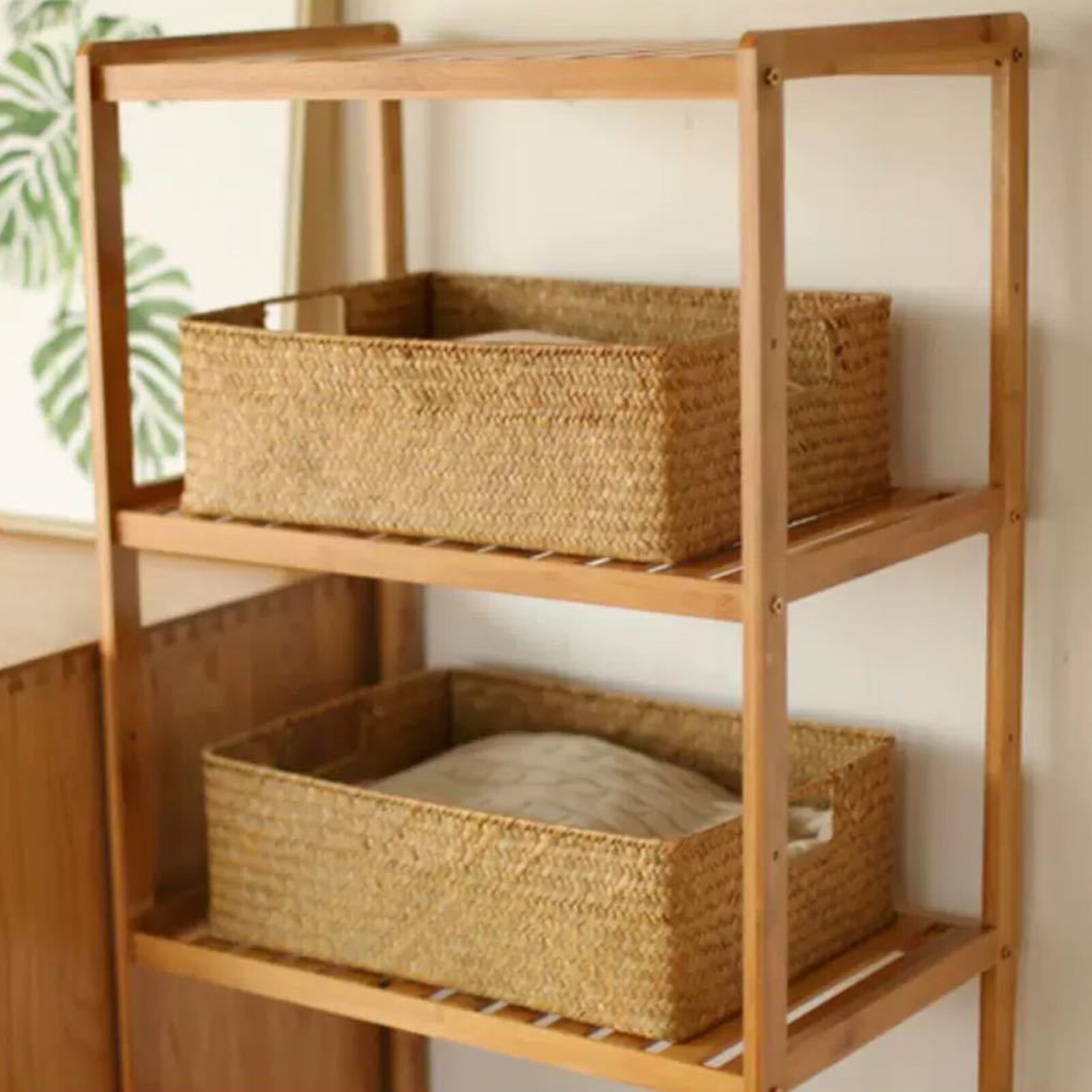 Natural Straw Rectangular Desktop storage basket Wire Handles Decor Seagrass Woven Wicker Basket Organizing Shelves mx01171052