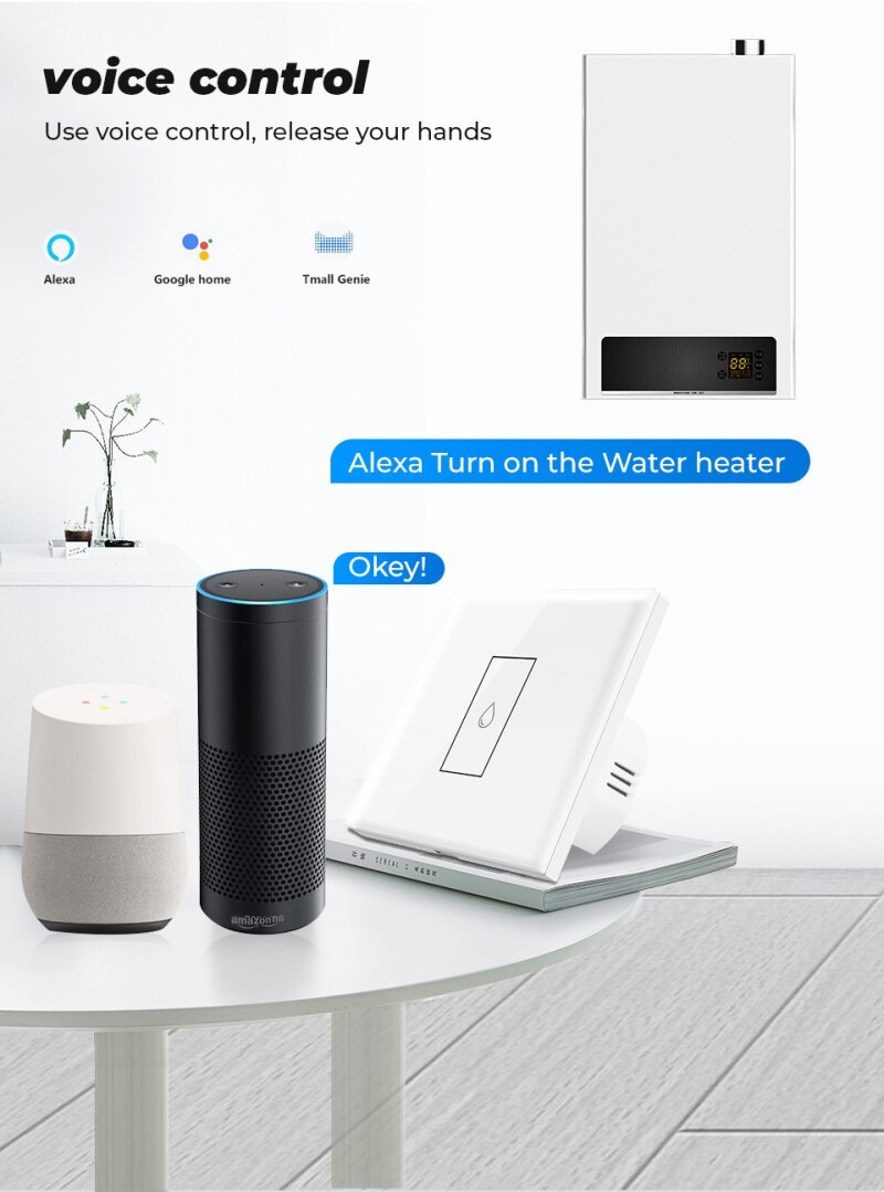 TUYA 20A interruptor calentador de agua Wifi inteligente interruptor de pared táctil Panel de vidrio templado momento Control remoto funciona con Google