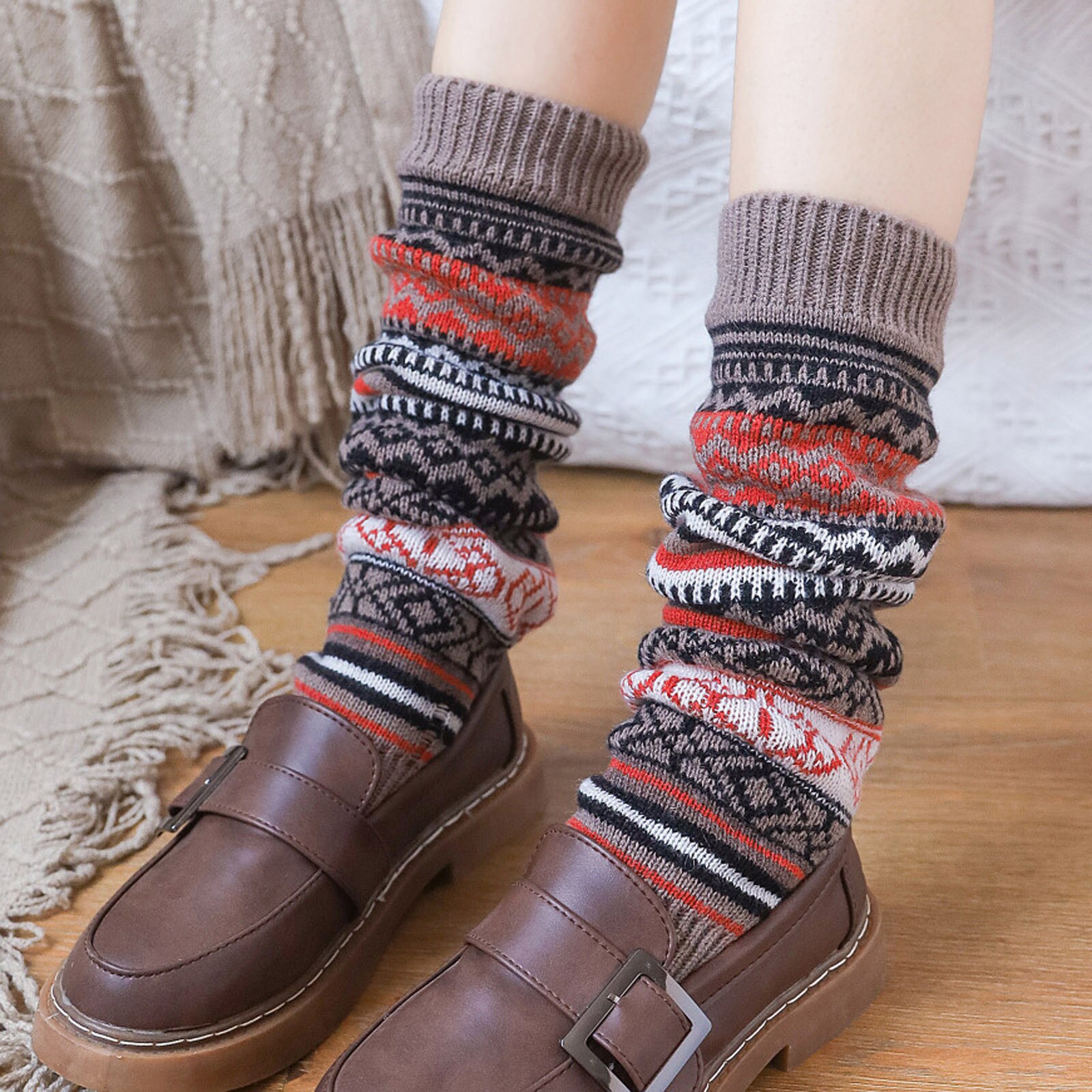 Womens Harajuku Retro Beenwarmers Mode Winter Gebreide Sokken Haak Gebreide Beenwarmers Vrouwelijke Legging Knie Hoge Sokken #3: Khaki 