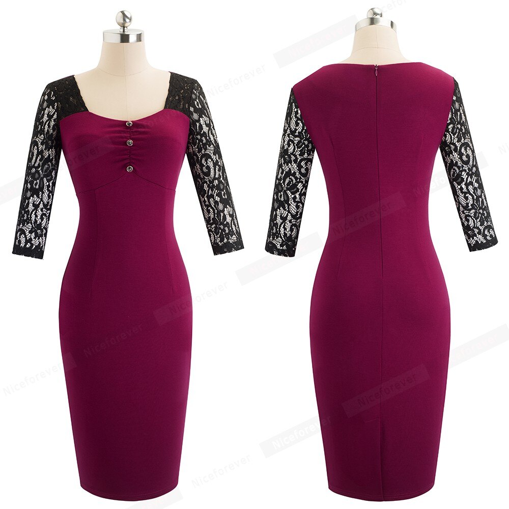 Nice-forever Autumn Women Hollow out Lace Patchwork Dresses Business Party Bodycon Fitted Female Dress btyB486