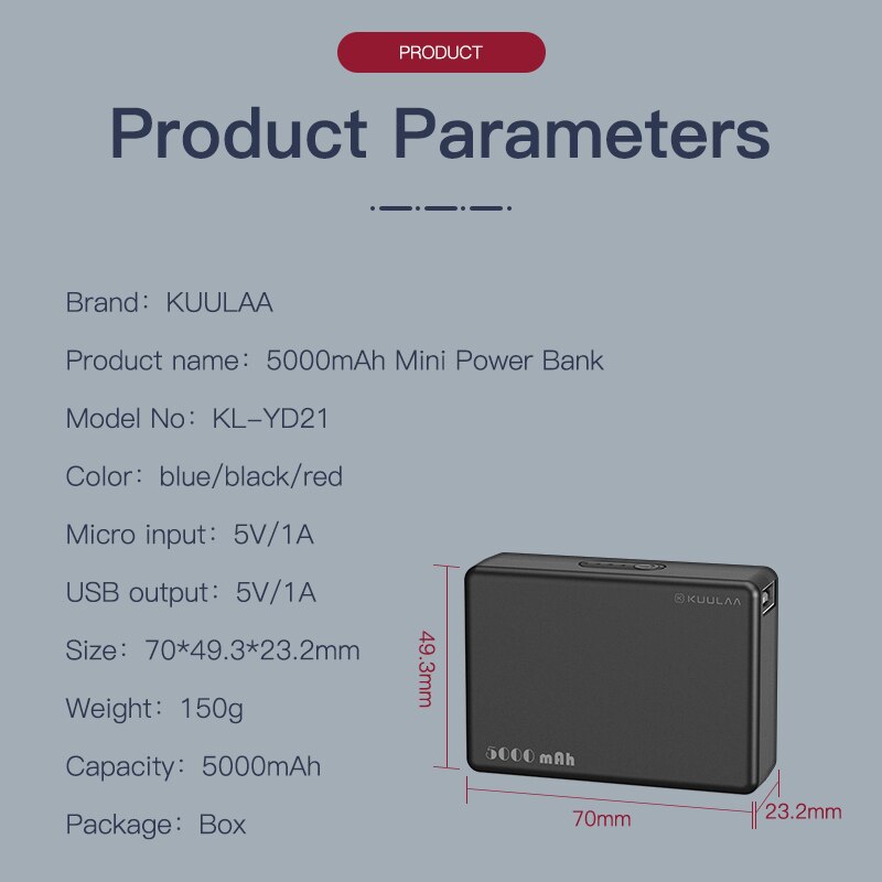 KUULAA – Mini batterie externe Portable 5000 mAh, 5000 mAh, chargeur USB, pour Xiaomi Mi 9 8