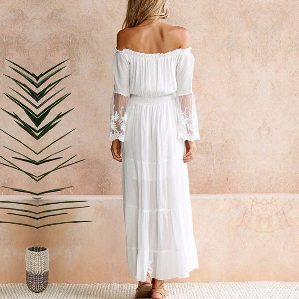 Moonbiffy Zomer Zonnejurk Lange Vrouwen Witte Strand Jurk Strapless Lange Mouwen Losse Sexy Off Shoulder Lace Boho Katoen Maxi Jurk