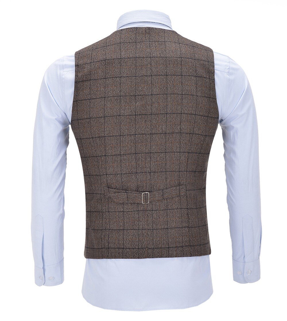 Colete masculino formal de algodão com caimento justo, colete de lã xadrez marrom para casamento, colete formal, padrinhos