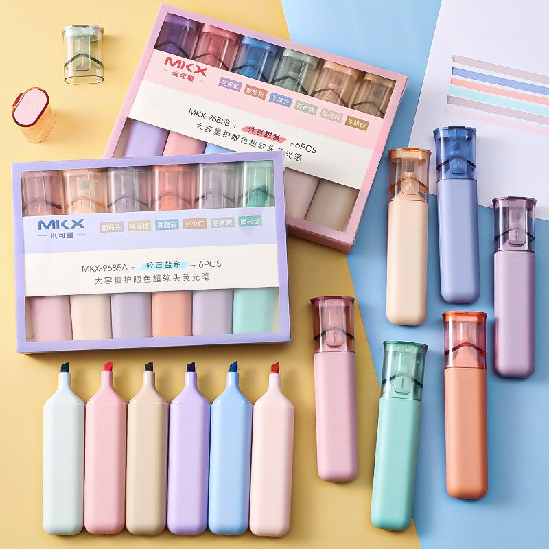 Stylos de papeterie Kawaii, 6 pièces, surligneur, sous-brayadores Fluorescentes, pour étudiants, grandes étiquettes de peinture, tête souple, fournitures de bureau
