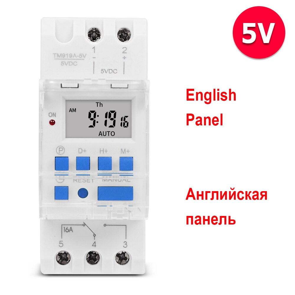 DIN Rail 5 PINS SPDT Digital Programmable Time Switch Relay Electronic Timer Clock AC 110V 220V DC 5V 12V 24V Russian Panel: English panel 5V