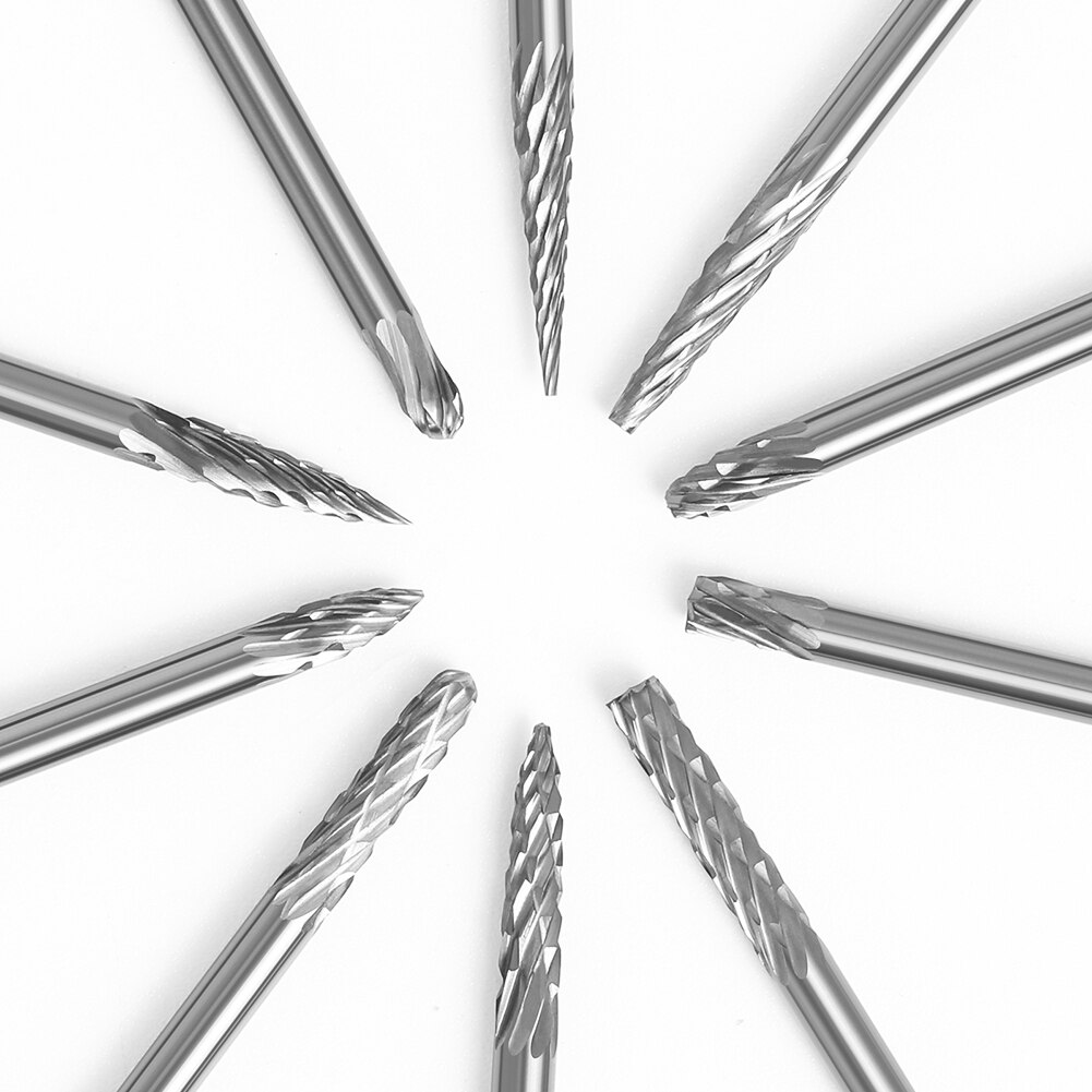 Fresas de carburo sólido de dibujo de vástago de 3mm 1/8 para herramienta Dremel, fresa, herramienta rotativa, rebaba, corte de diamante, molienda rotativa de Metal y madera