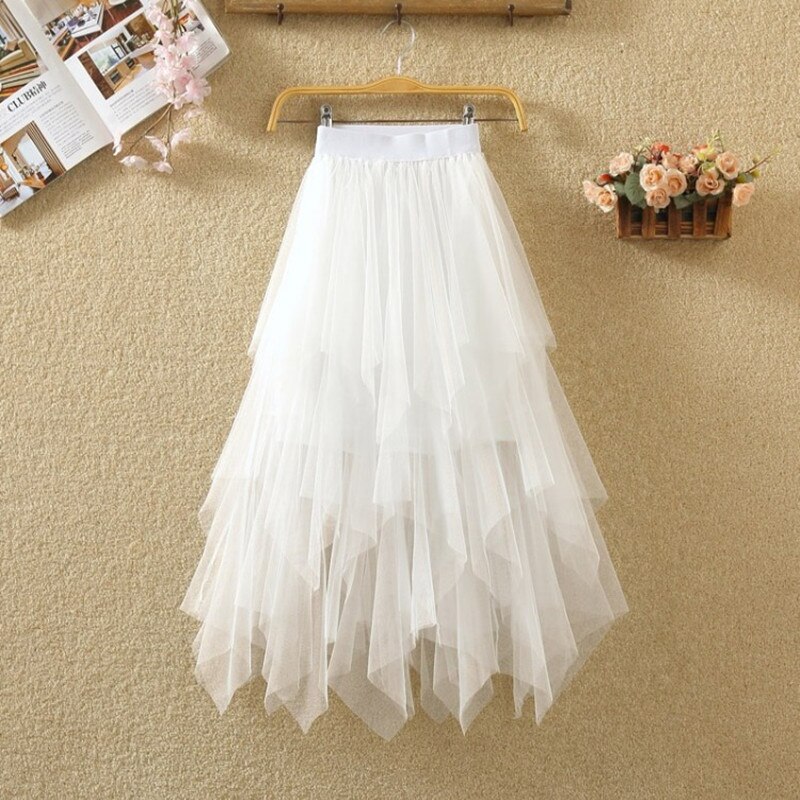 Faldas de tul para Mujer Faldas Mujer elástica de cintura alta tutú de malla Maxi plisado largo Midi Saias Jupe Falda de mujer: white