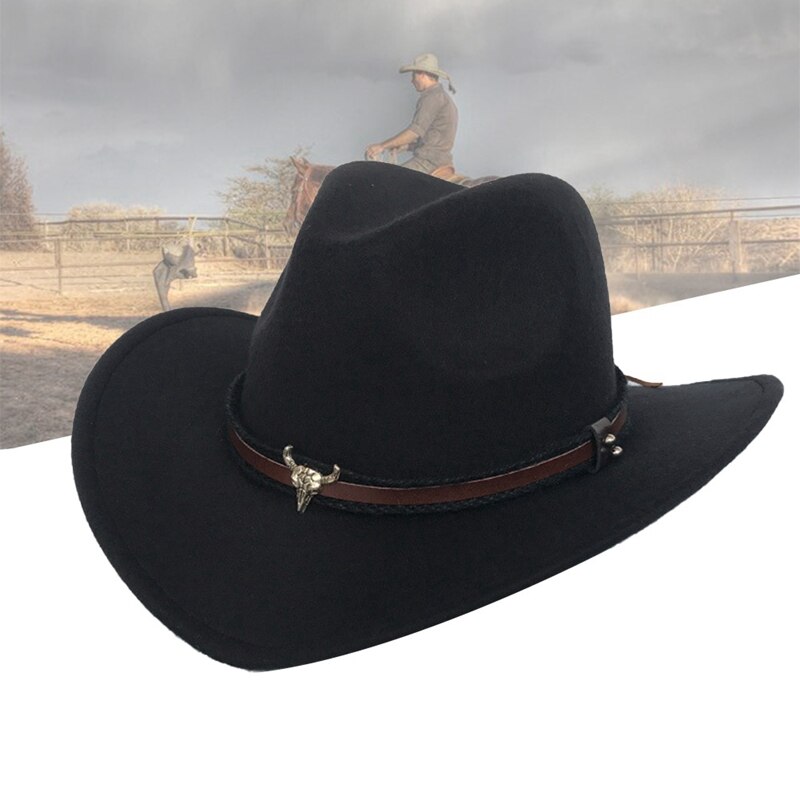 Kvinder mænd uld klassisk western cowboy hat roll-up bred kant rand punk læder bælte jazz cap med tauren læder bælte cowboy hat