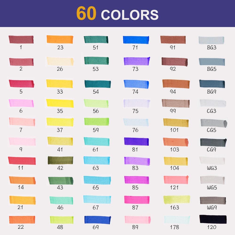 Lightwish 60 Colors Marker Set Dual tip Drawing Sketch Marker Pens Alcohol Based for Sketching Drawing Cartoon Painting