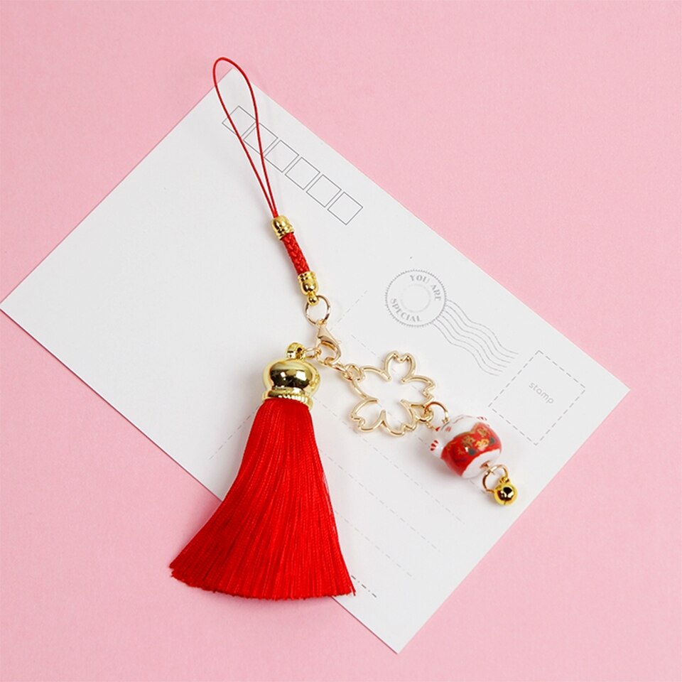 Lindo cinto para smartphone, cinto para iphone, samsung, decoração, flor de cereja, borla, sino do telefone móvel