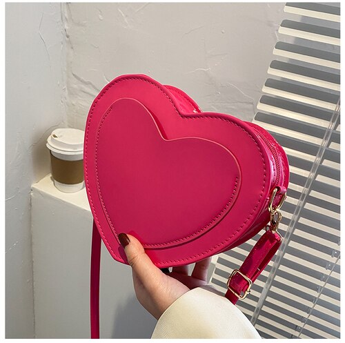 Bolso de hombro pequeño de de lujo para mujer, bandolera de piel sintética con forma de corazón, bolso de mano de noche: Rosa fuerte
