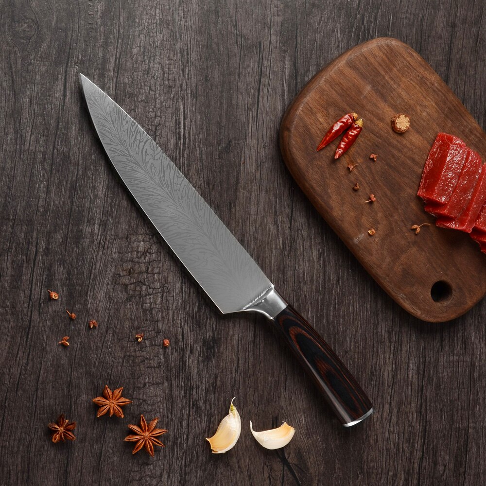 Damask fjermønster rustfrit stål køkkenknive efterligning damaskus klinge køkkenkniv 7 cr 17 kokknive sæt træhåndtag