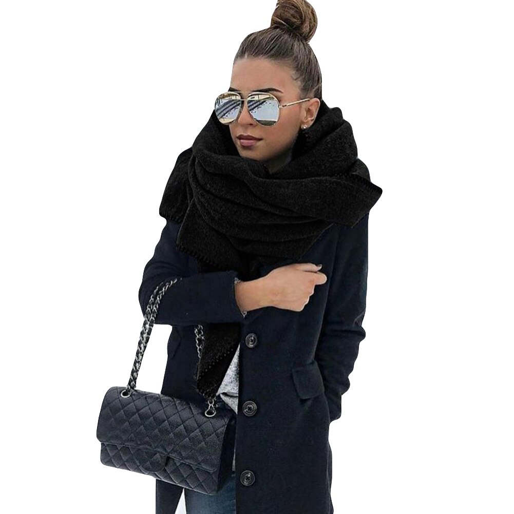 200Cm Herfst Winter Vrouwen Effen Kleur Fleece Sjaal Warme Sjaal Outdoor Nekband Dames Warm Sjaal: Black