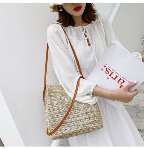 Women Crossbody Shoulder Bag Knitted Straw Messenger Satchel Handbag Bucket Bag