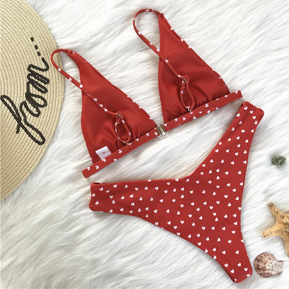 Trendy Liefde Print Badmode Vrouwen Sexy Braziliaanse Bikini Set Rood Badpak Push Up Bh Beachwear Zwemmen Pak @ 17 J