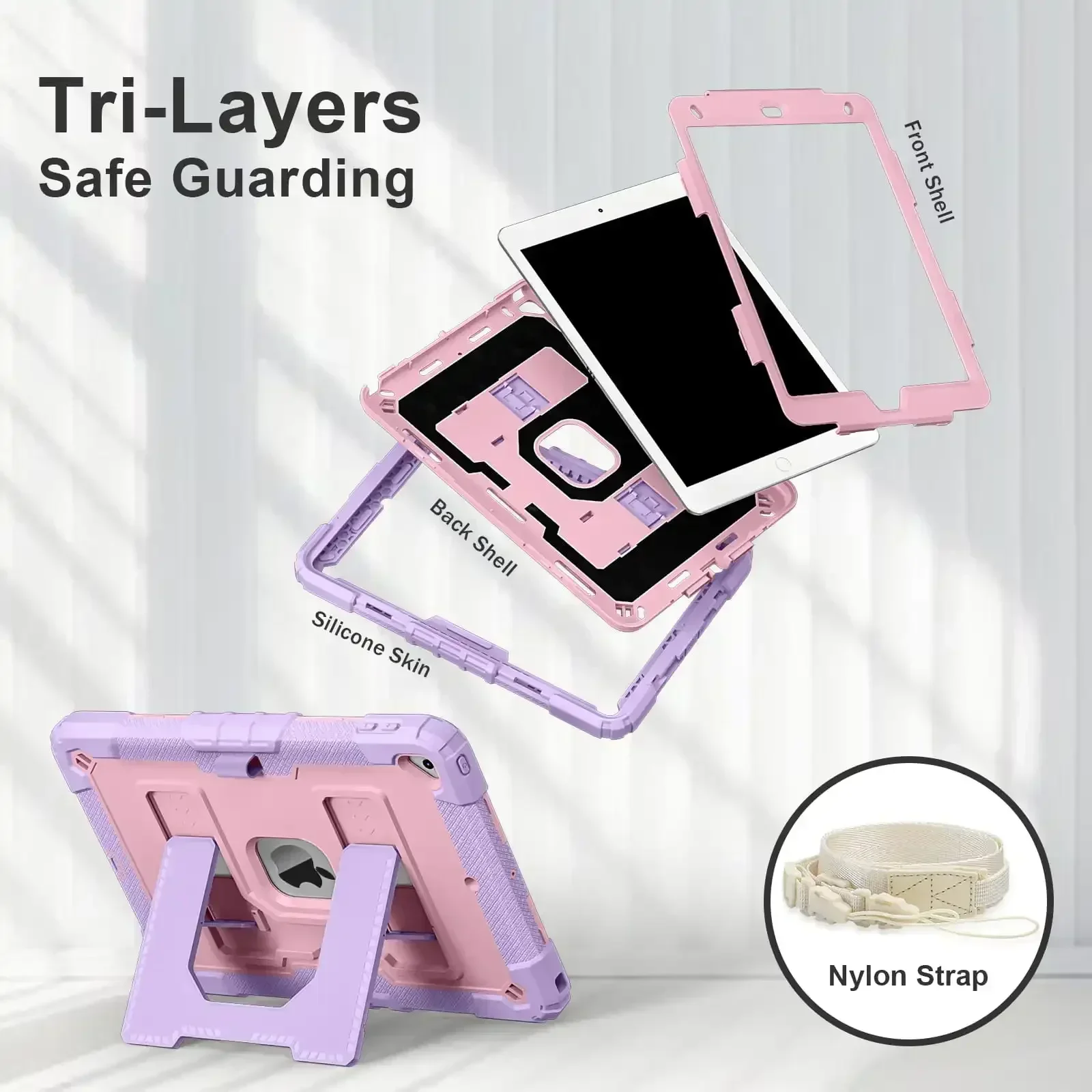 Etui til ipad 10.2 7th 8th 9th 10 , sikkert silikone + pc skulderrem, stødsikkert stativ, tabletcover, håndtag, stativ, robust fundas