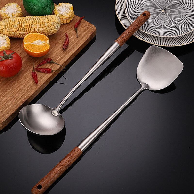 304 Stainless Steel Spatula Spoon With Wooden Handle Lengthened Cooking Spoon Anti-Scalding Cooking Shovel Kitchenware