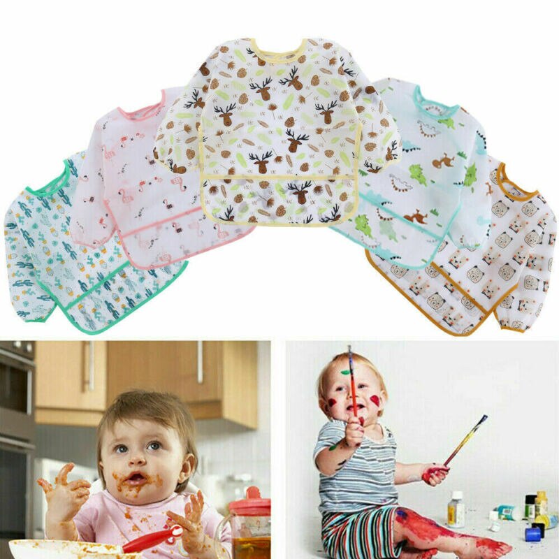 Tablier à manches longues imperméable | Mignon bébé enfant en bas âge, tablier à bavette dessin animé vêtements d'alimentation à bavettes
