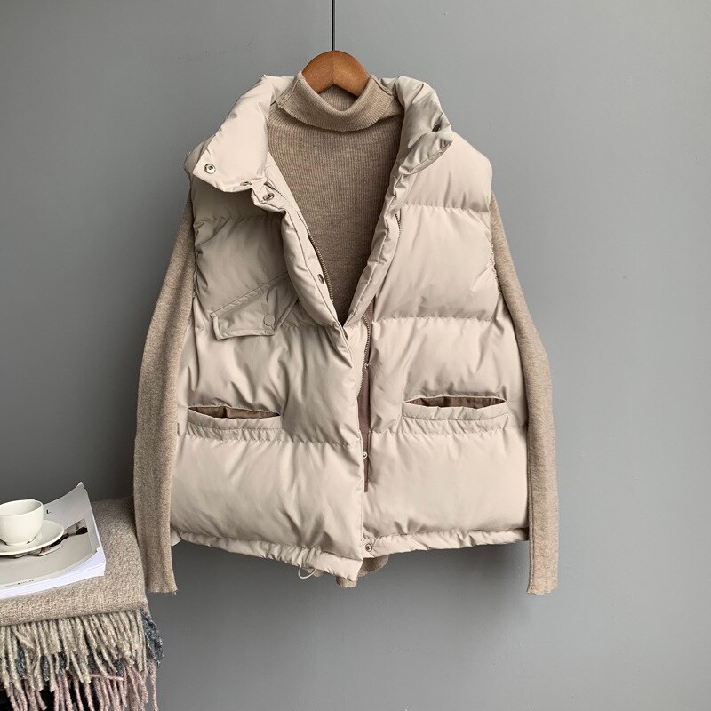 Kvinnor vinterväst väst höstväst kvinnlig avslappnad varma västar bomull kvinnors ärmlös ståhalsjacka lös kappa: Beige / M