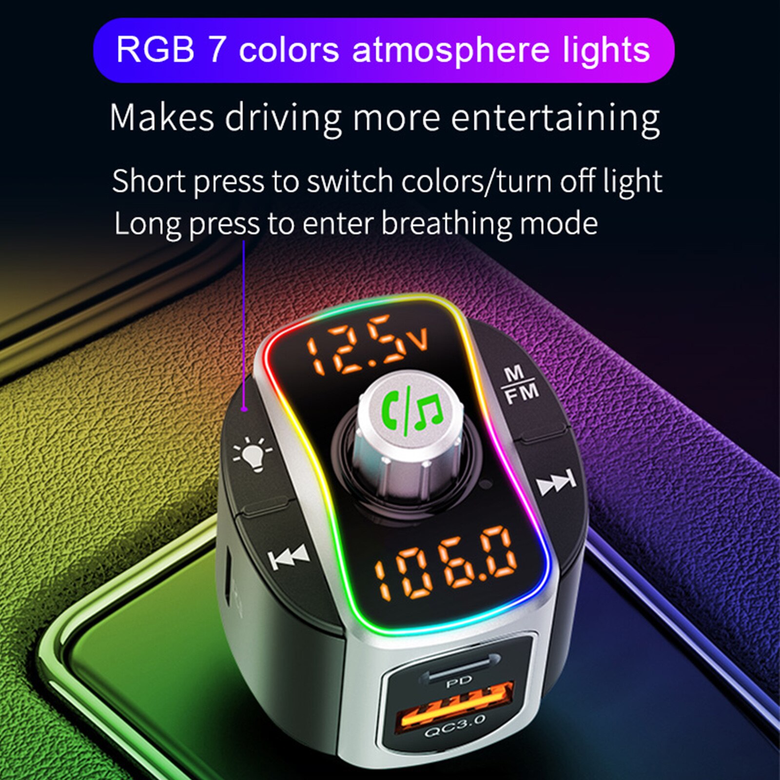 BC67 Car FM Transmitter Bluetooth 5.0 MP3 Audio Player QC3.0+PD Fast Charging Wireless Handsfree Car Kit with LED Backlit