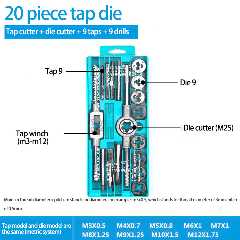 Multi-Use System Tap And Die Combo Hand Tap Wrench Die Setter Set Suit Tapping Threading Tool Fast Tapping Speed Fine Thread: 20 combination tap
