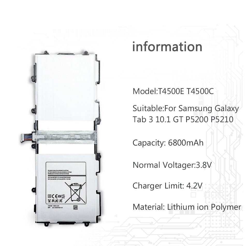 Tablet batería T4500E T4500C 6800mAh para Samsung Galaxy Tab 3 10,1 GT P5200 P5210 P5220 P5213
