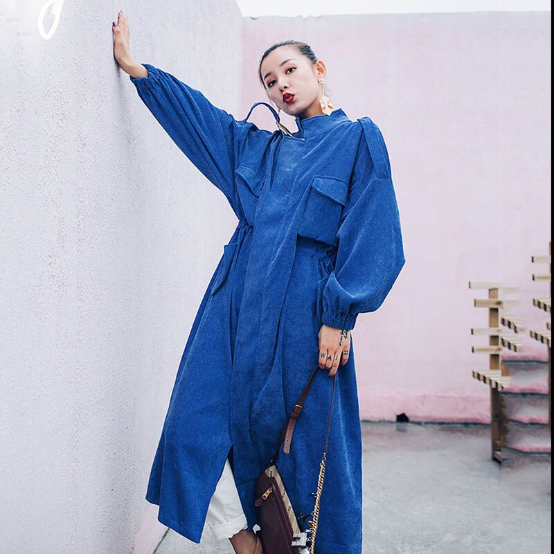Gabardina larga de pana azul de tendencia, gabardina para mujer de cintura ajustable de alta de otoño , cazadora de calle, gabardina FY46