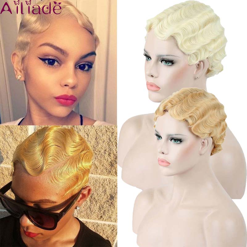 Ailiade Vinger Wave Pruiken Voor Vrouwen Synthetische Korte Beige Pruiken Vrouwelijke Hittebestendige Vezel Zwart Cosplay Pruik Blonde Pixie Cut pruik