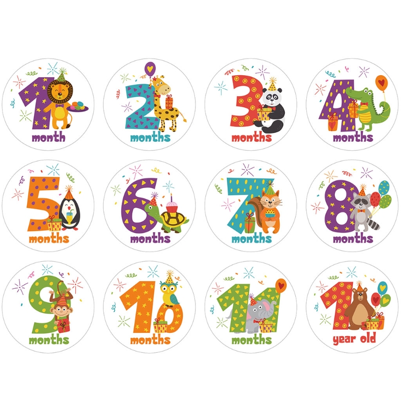 Pegatina de mes conmemorativo de Milestone, animales de dibujos animados, pegatinas mensuales para bebé, fotografía, tarjeta conmemorativa, número, accesorios para fotos M76C