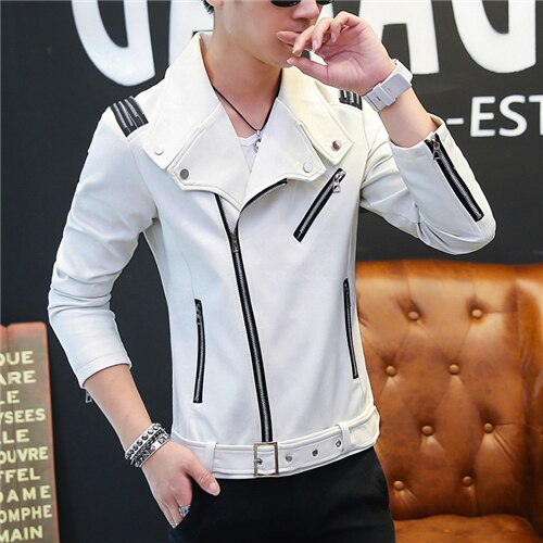 Classic Mens PU Leather Jacket Red White Black Fall Winter Slim Male Faux Leather Motorcycle Coats: White / XXL