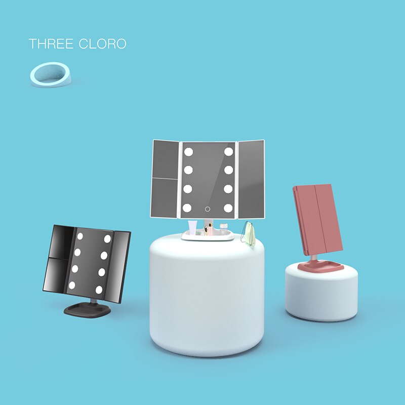 Adjustable LED Mirror Makeup Mirror Large 8 LED Light Press Sensor 2X3X Zoom Portable Three-Sided Folding