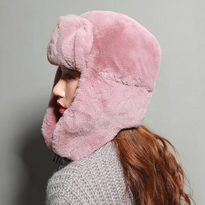 Vinter bomber hattar kvinnor ushanka keps med öronlaff tjockt varmt ryskt vindtätt sammet hatt öronskydd vuxen solid 58 cm: Rosa