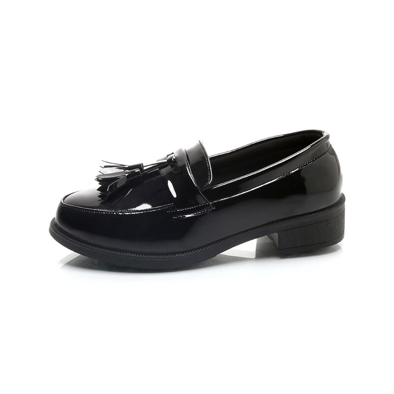 bas épais plate-forme chaussures femme frange gland Oxfords femmes chaussures mocassins femmes chaussures plates en cuir verni sans lacet dames chaussures: Black1 / 5